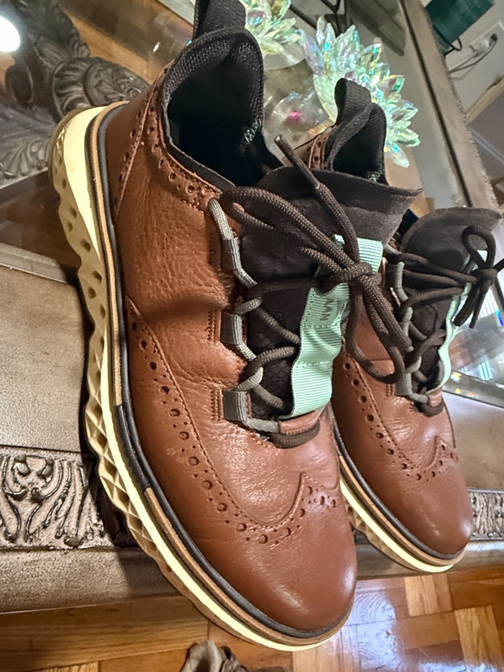 Cole Haan Brown Leather Wingtip Derbys with Cream Sole and Mint Accents